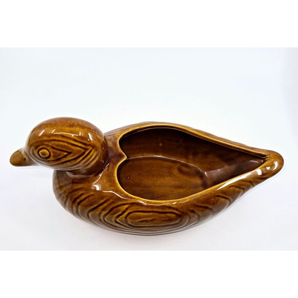 Vintage Ceramic Duck Planter Vase Brown Glaze Pottery - Picture 3 of 8